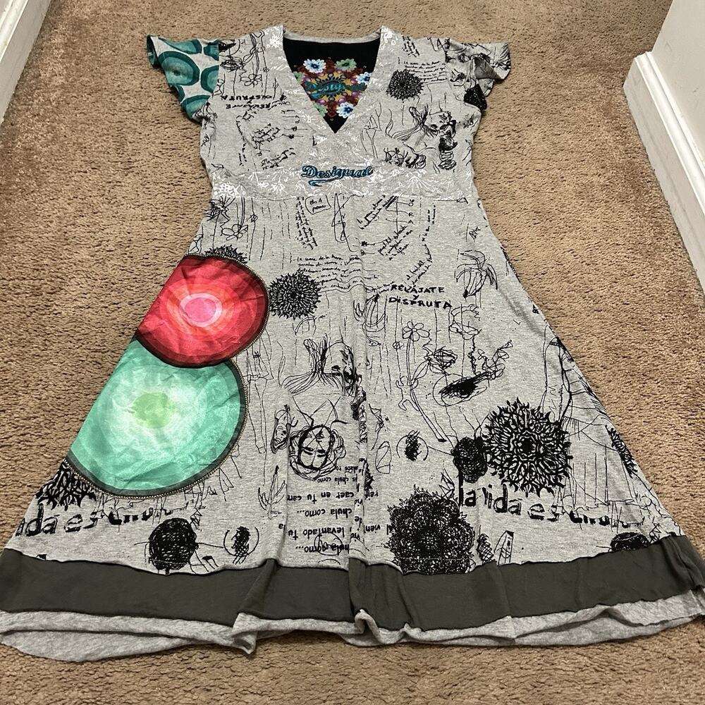 Desigual Gray Unique Graphic V-Neck Women's A-Line Dress Size Medium
